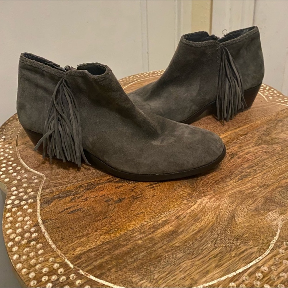 Sam Edelman fringe boots Paige Grey Suede Ankle Booties Fringe + braid western